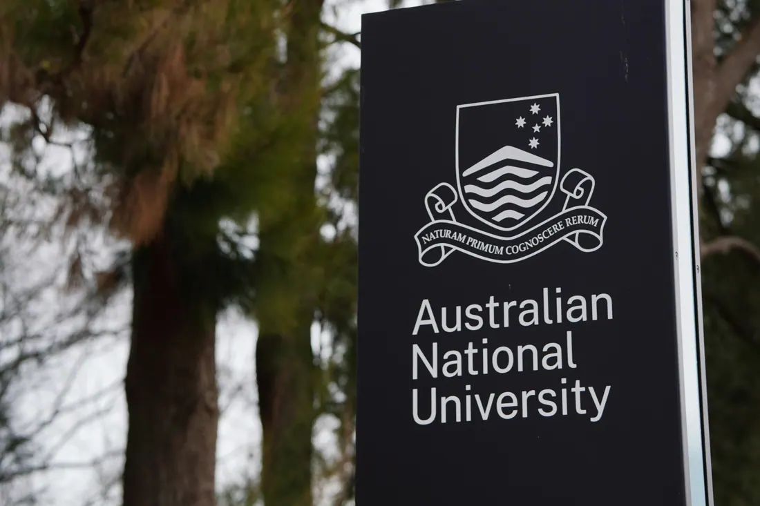 The Australian National University sign on campus in Canberra.
