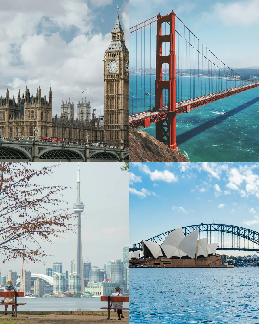 Westminster in London, the Golden Gate Bridge, the Toronto skyline and Sydney Harbour