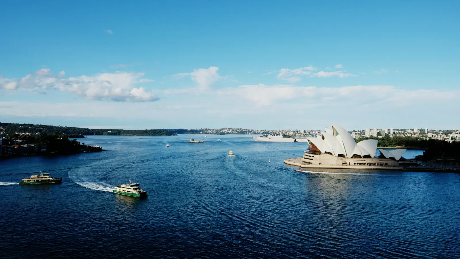The Sydney Opera House and ferries on Sydney Harbour.