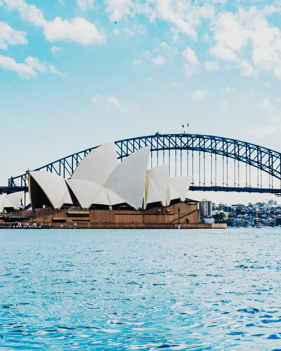 The Sydney Opera House and Harbour Bridge from the water.