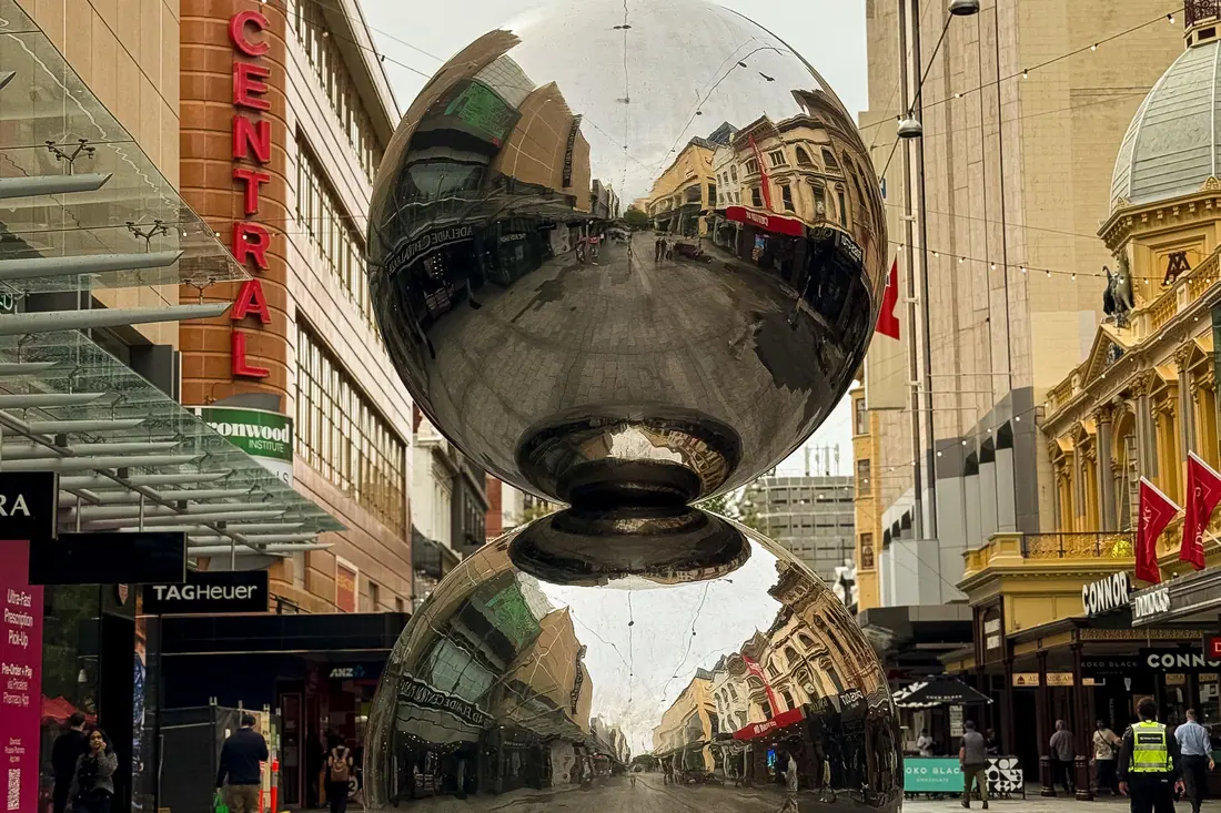 The Mall&rsquo;s Balls, two stacked silver spheres in Rundle Mall, Adelaide.