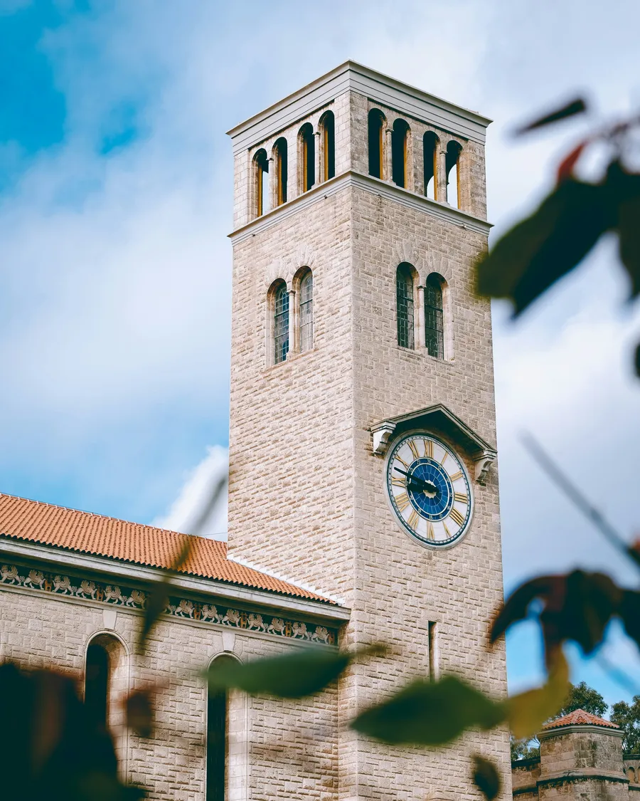 The clock tower of Winthrop Hall at the University of Western Australia, Perth.