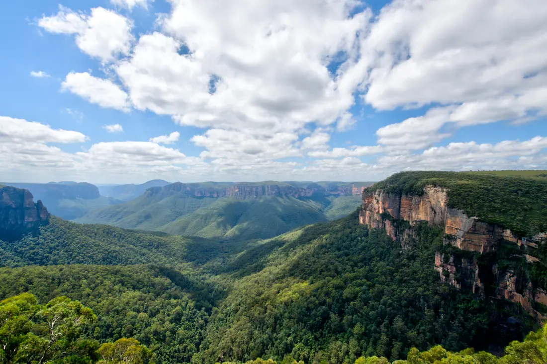 The Blue Mountains west of Sydney, with sandstone cliffs above the forest.
