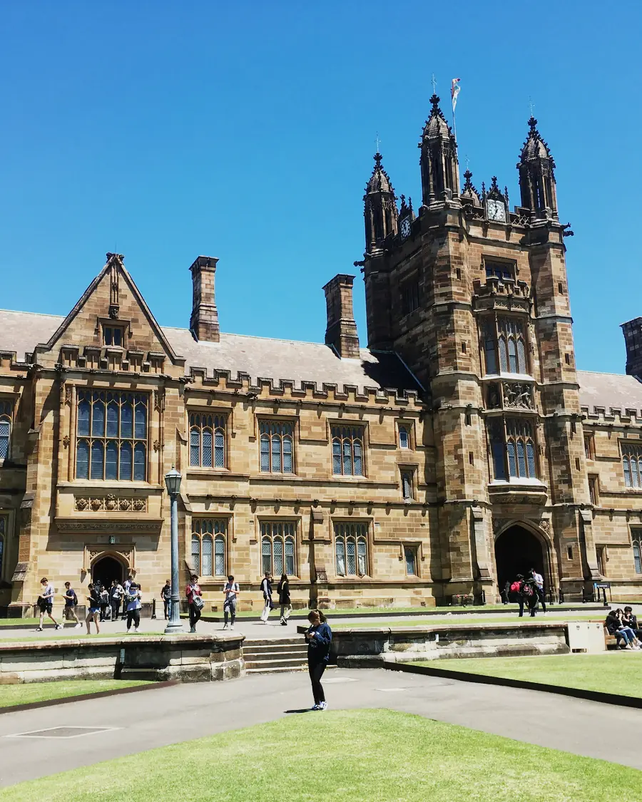 The University of Sydney quadrangle, students crossing the lawn.