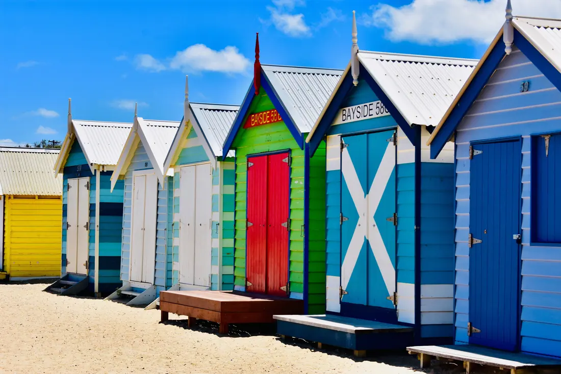 Painted bathing boxes on Brighton Beach, Melbourne.